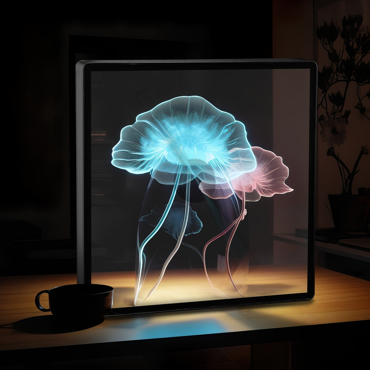 Écran holographique 3D OVA affichant des méduses bleue et rose sur un bureau