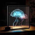 Écran holographique 3D OVA affichant des méduses bleue et rose sur un bureau